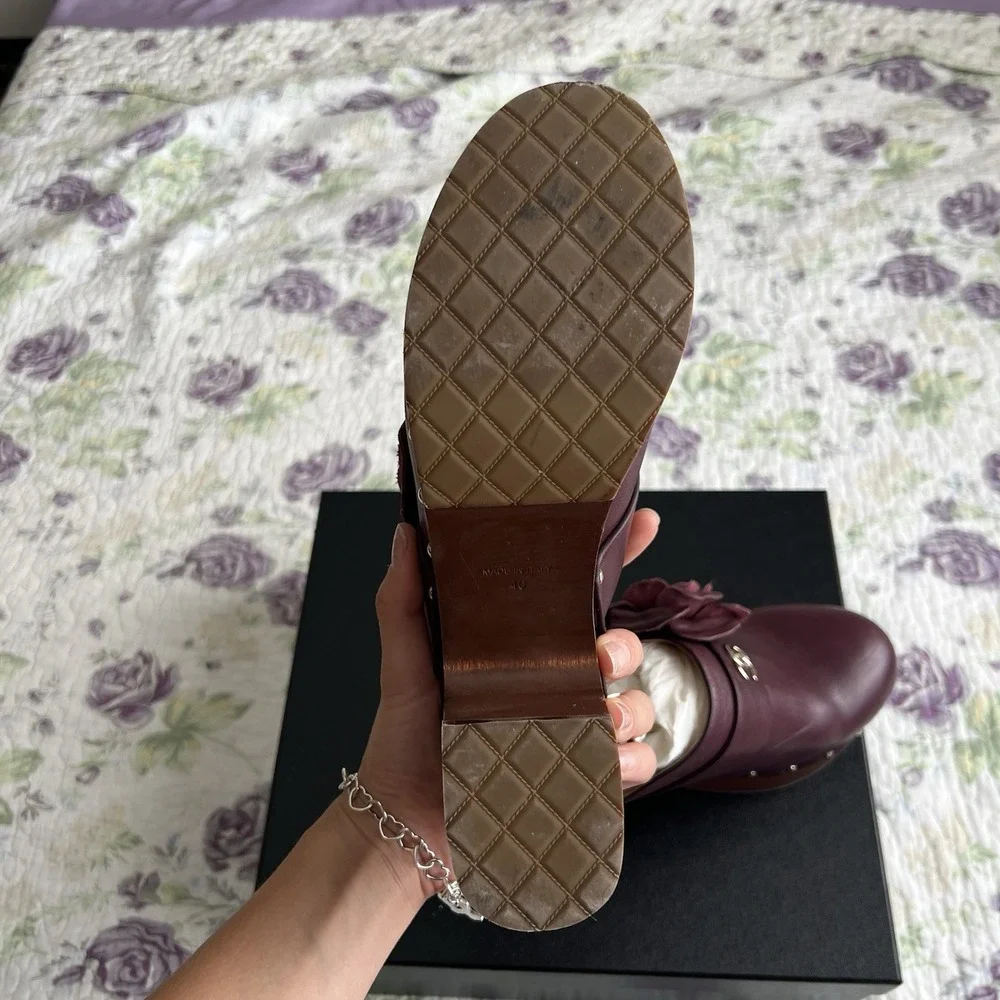 Chanel Burgundy Leather Camellia Flower Studded Platform Clogs 2023 IT 40